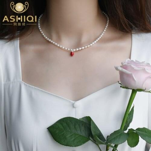ASHIQI Natural Freshwater Pearls Necklace 925 Sterling Silver Chain Strawberry Pendant Fashion Jewelry for Women