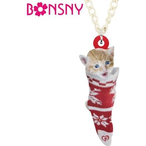 Bonsny Acrylic Christmas Sock Short Hair Cat Kitten Necklace Pendant Chain Choker Animal Jewelry For Women Girls Teens Kids Gift