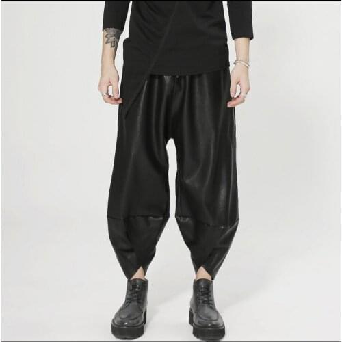 M-4xl Men Harem Pants Loose Lantern Leather Trousers Flying Romper Hairstylist Hanging Crotch Pants Nightclub Wide Leg Pants