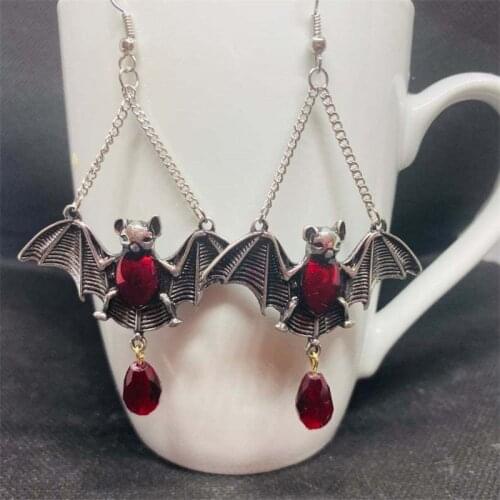 Gothic Bat Earrings on Silvertone Hooks Halloween Jewelry for Women Goth Witchy Bat Earrings with Red Crystal Batoccult KL30FI3