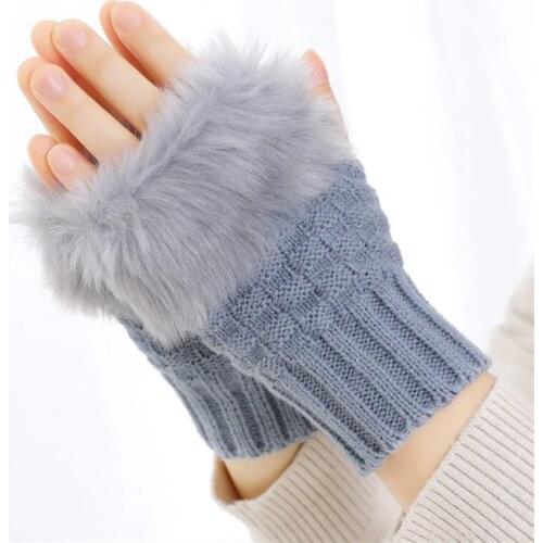 INDJXND Wool Fur Fingerless Gloves Fashion Winter Pure Color Women Warmer Knitted Trim Striped Patchwork Mitten High Quality