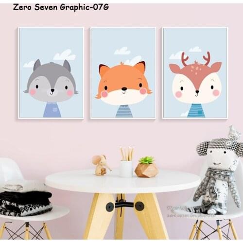 Wall Art Canvas Painting Cartoon Deer Raccoon Rabbit Poster And Print Picture Baby Room Nursery Home Decoration