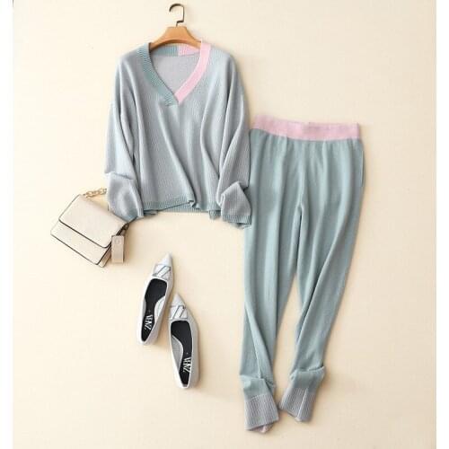 Shuchan 100% Cashmere Winter Warm Winter Two Piece Set Sweater V-Neck Pullover + Elastic Waist Pants To Ankle-Length Solid