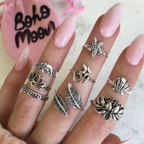 8 pcs/set Knuckle Ring Set Ancient Silver Color Starfish Leaf Hollow Lotus Elephant Shell Middle Finger Rings Jewelry For Women