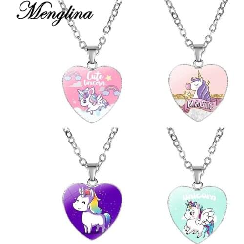 Menglina Fashion Cartoon Little Horse Glass Cabochon Necklace Heart Charm Chains Pendant Necklace for Little Girls Collier Femme