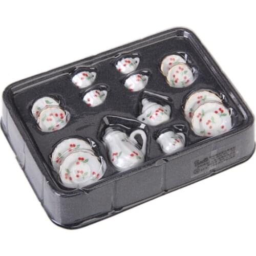 15 Pcs Dollhouse Miniature Porcelain Tableware Tea Set Dish Plate Red Cherry