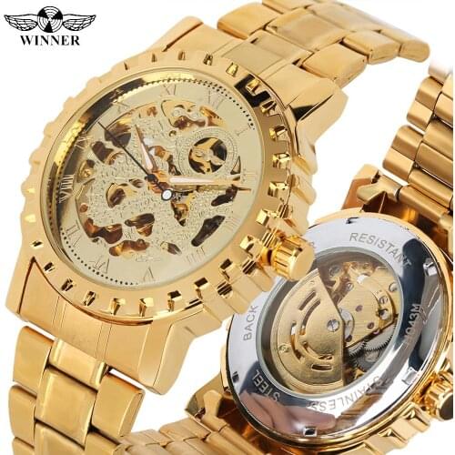 Mens Luxury Automatic Mechanical Watches Stainless Steel Gold Band Mechanical Watch for Teenagers Skeleton Watch Gift for Men