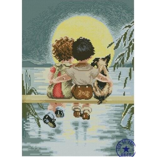 Gold Colletcion Cute Counted Cross Stitch Kit First Love Lover Innocence Two Kids Admire Enjoy the Moon Moonlight Moonlit