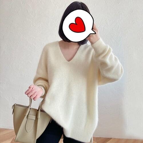 New V Neck 100% Mink Cashmere Oversize Pullovers for Women Natural Soft Cashmere Sweaters Female Dropshipping Loose Tops tbsr928