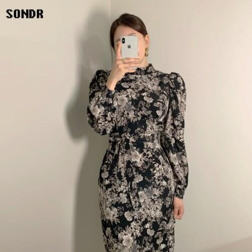New Korean One-Piece Chiffon Print Dress Female 2021 Spring Fall Fashion Dresses Elegant Sweet Stand Collar Pullover Midi Dress
