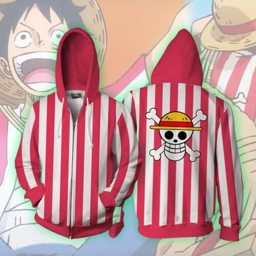 New Luffy Sweatshirts Anime One Piece 3D Hoodie Cosplay costume zipper red stripes Thin Pullover Hoodies Tops Outerwear Coat