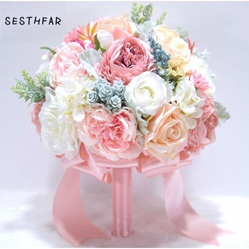 SESTHFAR New Wedding Bouquet Lvory and Blush Pink Peony Wedding flower Silk Bridal bouquet buque de noiva Wedding Decoration