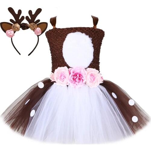 Flowers Deer Tutu Dress Girls Halloween Costume for Kids Clothes Baby Girl Christmas Birthday Party Dresses Cartoon Deer Cosplay