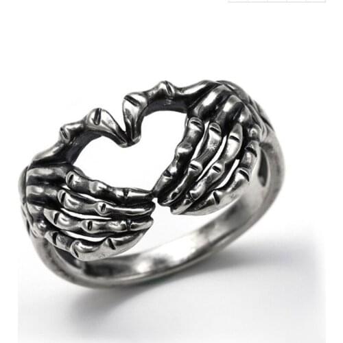 Silver Plated Hand with Heart Rings for Men Punk Gothic Creative Skeleton Couple Ring Women Hip Hop Band Jewelry Charm Gift