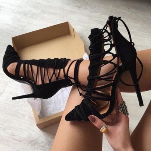 Women Black Strappy Sandals Lace-up Bride Gladiator Sandals Shoes Cut-out Pointed toe Lady Dresss Shoes Plus Size 10 Customized