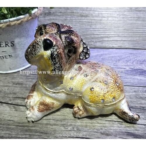 Dog Trinket Box Pewter and Enamel Pet Animal Decor Lovely Dog Trinket Pug Crystal Bejeweled Ring Storage Box