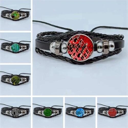 Glass Snap Clasp Metal Bead Bracelet Circuit Board Black Braided Leather Bracelet PCB Designer Bracelet Layout Engineers Gift