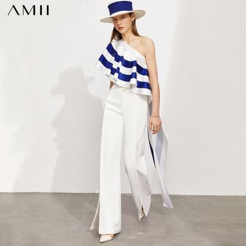 Amii Minimalism Designed Womens Tops Fashion Ruffed Sleeve Short Womens Blouse Solid Loose Long Womens Pants 12180058