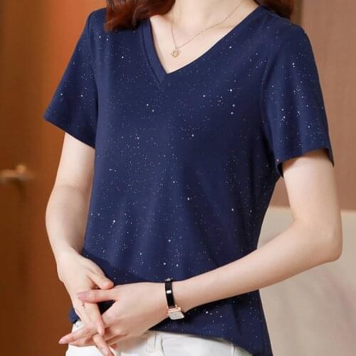 V-Neck Sequins T Shirt Women Short Sleeve T-Shirt Womens 2021 Korean Fashion Tshirt Summer Tops Woman Clothes Tee Shirt Femme