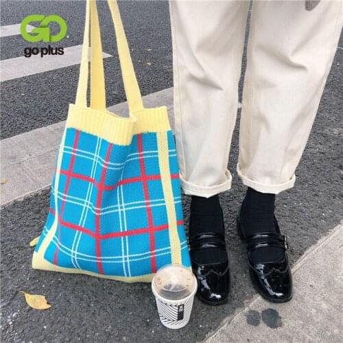 GOPLUS Women Plaid Knitting Tote Shoulder Bags 2021 Korean Simple Patchwork Reusable Shopping Large Capacity Book Bag for Girls