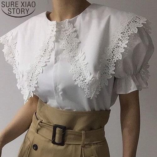 2021 Summer Korean Fashion Shirt White Tops 2021 New Loose Plus Size Women Short Sleeve Lace Blouse Office Clothing Chic 14610