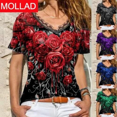 2021wish Fashion Loose Casual Short Sleeve Floral Print V-neck Lace Summer T-shirt Top