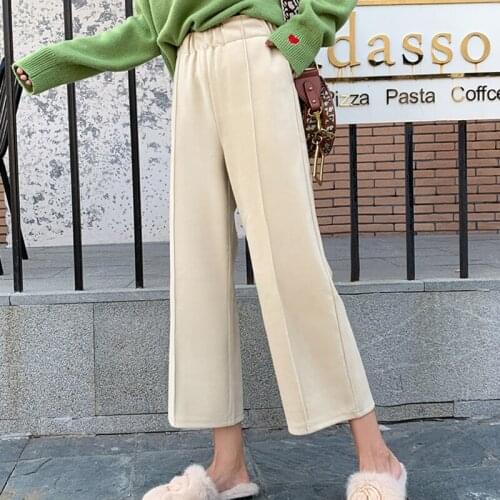 2019 Autumn Winter Women Calf-Length Wide Leg Pants New Warm Elastic Waist Woolen Pants Female Plus Size Pants Casual Trousers