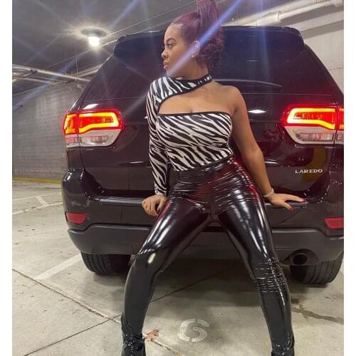 Echoine zebra Print Sexy One Sleeve Off Shoulder Top Ladies Party Club Tee Shirt Streetwear Autumn Summer Long Sleeve T-Shirt