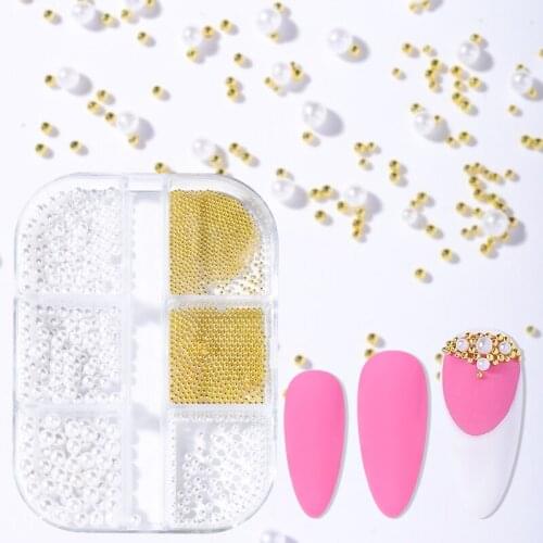 1 Set 3D Round Pearl Steel Bead Nail Art Rhinestone Decoration Tiny Metal Ball Nails Part Design Accessorie Tool Box