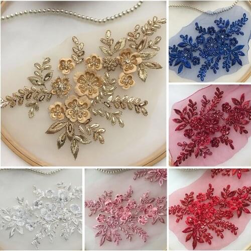 1Pcs 3D Flowers Beaded Sequins Patch Lace Applique Trim For Wedding Dress Diy Sew On Patches Clothes Decor Floral Patch Costume