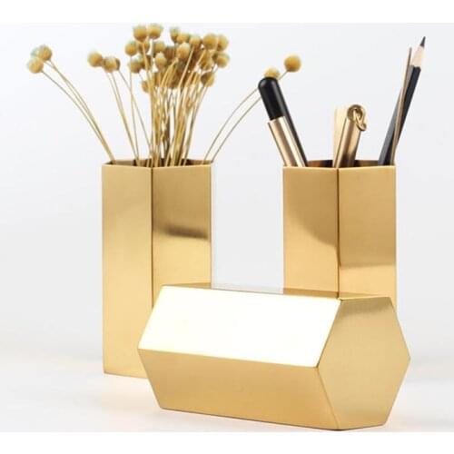 Nordic Style Simple Gold Vase Hexagonal Pen Tube Diamond Makeup Brush Storage Holder Stainless Steel Metal Tabletop Ornaments