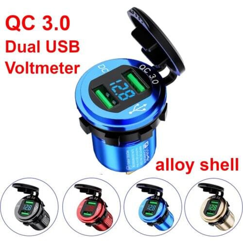 QC 3.0 Car USB Charger Socket LED Voltmeter Metal Shell Waterproof for 12V 24V Motorcycle Boat Charging Plug for Phone Tablet