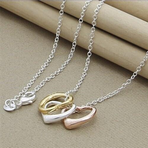 925 Sterling Silver Chain Rose Gold Tricolor Heart Pendant Necklace For Women Wedding Engagement Jewelry Gift