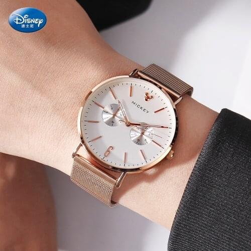 Disney 2021 Mickey Mouse Mens Quartz Watch Retro Simple Fashion Leather Strap Calendar men gifts 3Bar Round Alloy Hardlex