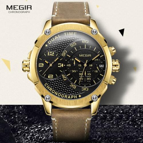 MEGIR Mens Double Time Zone Sports Chronograph Quartz Watches Waterproof Leather Strap Luminous Army Wristwatch fro Man 2093GGD
