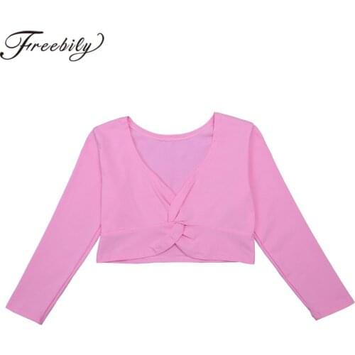 Kids Girls V Neck Front Twist Knot Cotton Long Sleeve Wrap Tops Ballerina Dancewear Ballet Gymnastics Leotards Dance Clothes