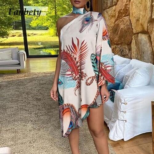 Elegant One Shoulder Irregular Dress Women 2020 Sexy Peacock Leopard Print Mini Dresses Female Vintage Party Beach Dress Vestido