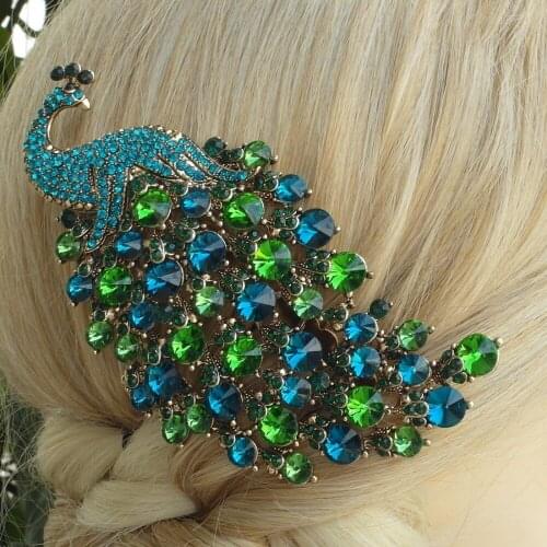 4.33" Elegant Animal Bird Peacock Hair Comb Headpiece Blue Green Rhinestone Crystal FSE05651C2
