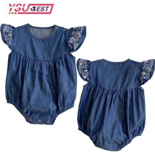 Summer Baby Girls Denim Romper Flying Sleeve Baby Clothing Newborn Jumpsuit Outfits Sunsuit Clothes 0-24M Embroidery Jumpsuit