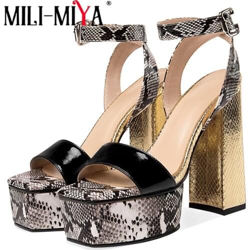MILI-MIYA Ankle Strap Thick High Heels Platform Gladiator Sandals Square Toe Women Party Shoes Mixed Colors Genuine Leather Shoe
