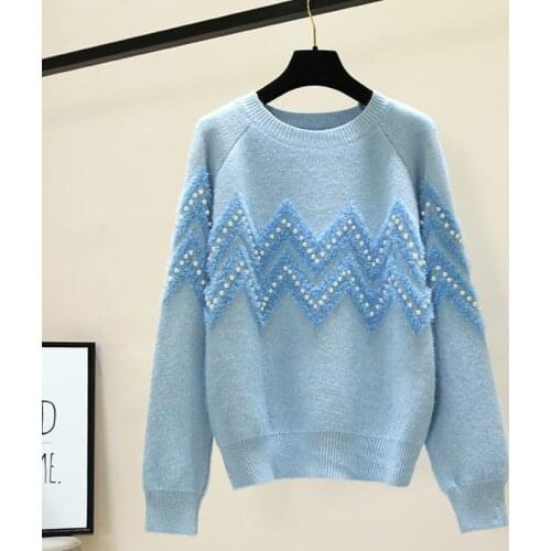 Fashion Beaded Pullover Women Clothing 2021 New Spring Autumn Korean Style Loose Lazy Wind Knitted Wave Knitted Round Neck Top