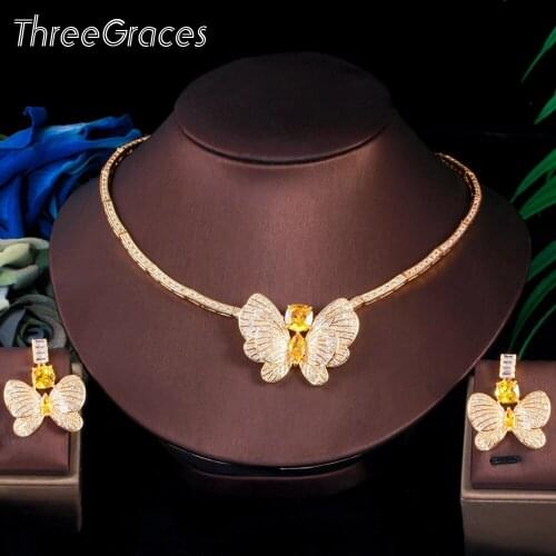 ThreeGraces Gorgeous Yellow Cubic Zirconia Big Butterfly Earrings Necklace Wedding Bridal Jewelry Set for Brides Bijoux TZ608