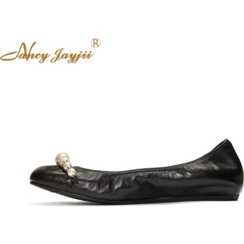 Nancyjayjii Summer 2019 String Pearl Womens Black Round Toe Flats Stretch Pleated Leather Ballet Woman Flat Dress Casual Shoes