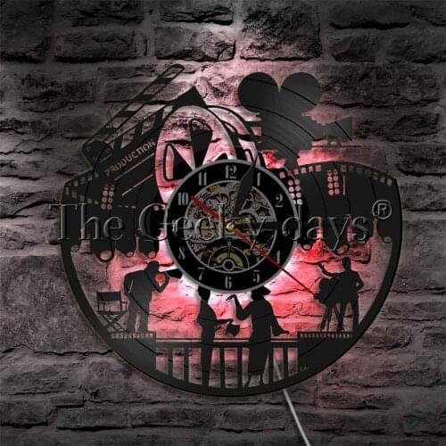 Movie Night Vinyl Record Wall Clock Modern Design Reels Theater Cinema Actors In Movies Vinyl Clock with 7 LED Colors Wall Watch