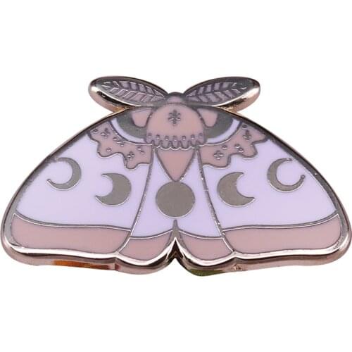 Celestial moon phases lapel brooch beautiful pink and white moth on gold color metal. So pretty and dainty