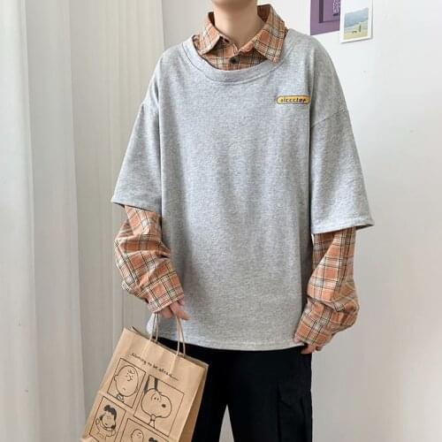 Autumn Plaid Fake Two Pieces Patchwork Mens T-Shirts Turn-Down Neck Novelty Pullover Long Sleeves Clothes Youthful Vitality Top