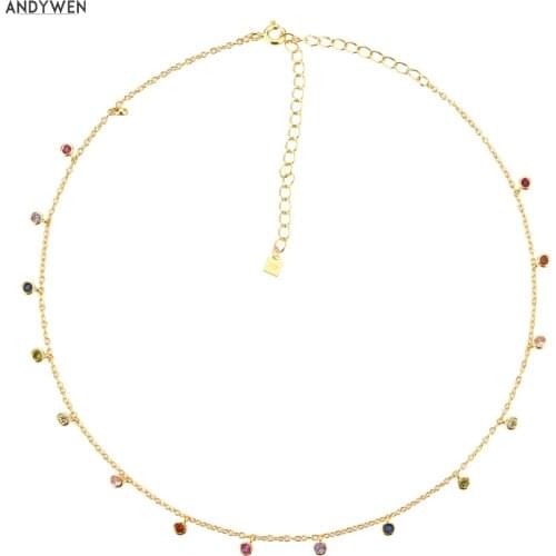 ANDYWEN 925 Sterling Silver Gold Rainbow Zircon Charm Choker Chain Necklace Rock Punk Party New Beads Pendant 2021 Fine Jewelry