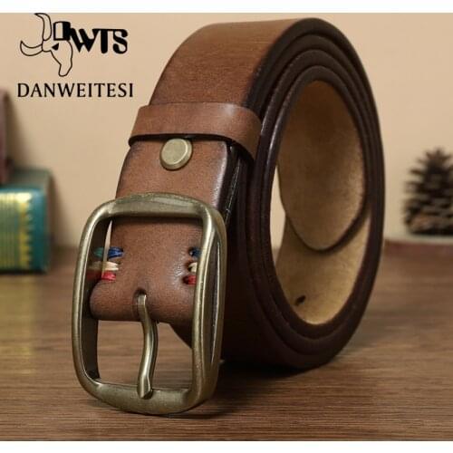 [DWTS]Genuine Leather Belt Men Luxury Strap Male Belt New Fashion Pure Copper Buckle Wild Classic Retro pin buckle High Quality