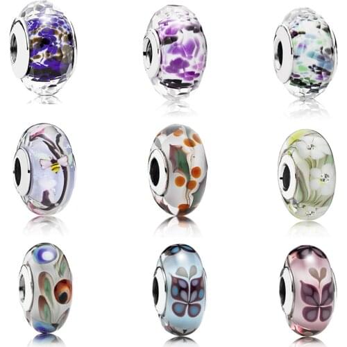 CHAMSS 100% 925 Sterling Silver Murano Ink Painting Butterfly Glass Beads Crystal pattern Fit Original Bracelet Charms Jewelry