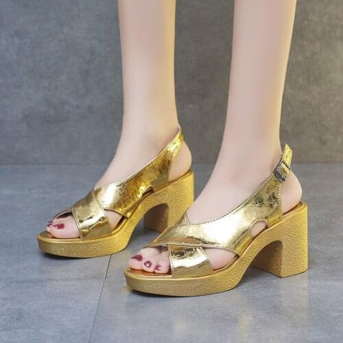 High Heels Peep Toe Chunky Sandals 2021 Summer Womens Roman Shoes Fashion Golden Waterproof Platform With Rubber Soft Bottom